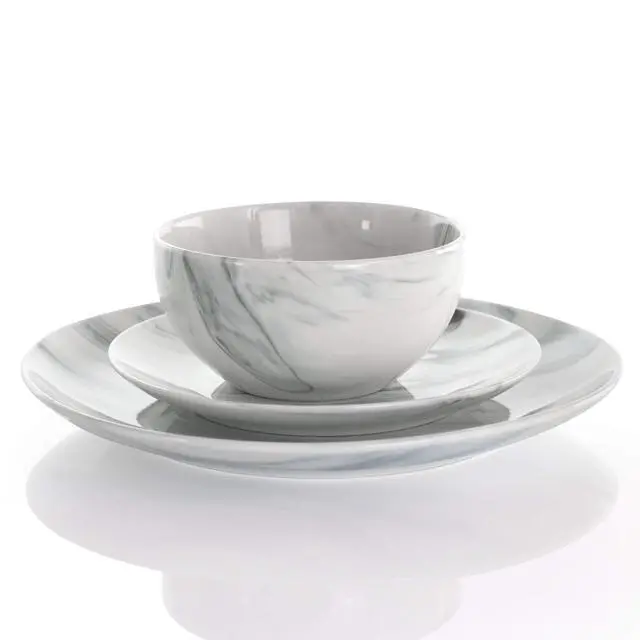 Alt view image 2 of 7 - Fine Marble 16 Piece Stoneware Dinnerware Set in Black and White