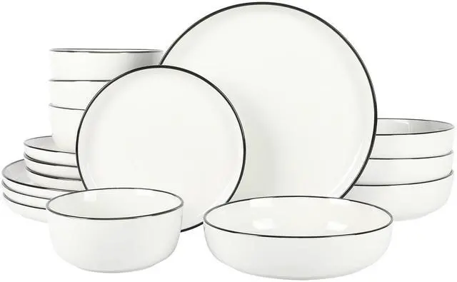 Main image of Oslo 16-Piece Porcelain Dinnerware Set, Service for 4 White Plates with Black Rim, Microwave & Dishwasher Safe