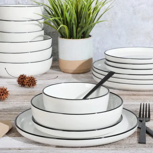 Alt view image 2 of 7 - Oslo 16-Piece Porcelain Dinnerware Set, Service for 4 White Plates with Black Rim, Microwave & Dishwasher Safe