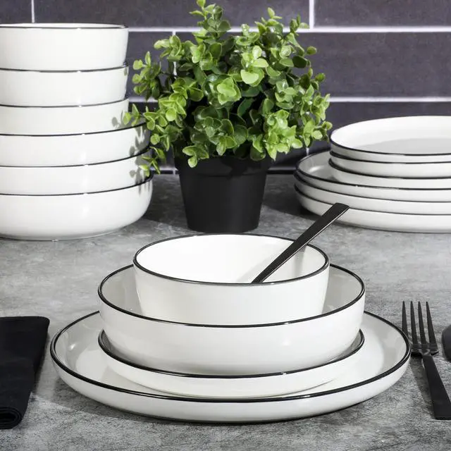 Alt view image 3 of 7 - Oslo 16-Piece Porcelain Dinnerware Set, Service for 4 White Plates with Black Rim, Microwave & Dishwasher Safe