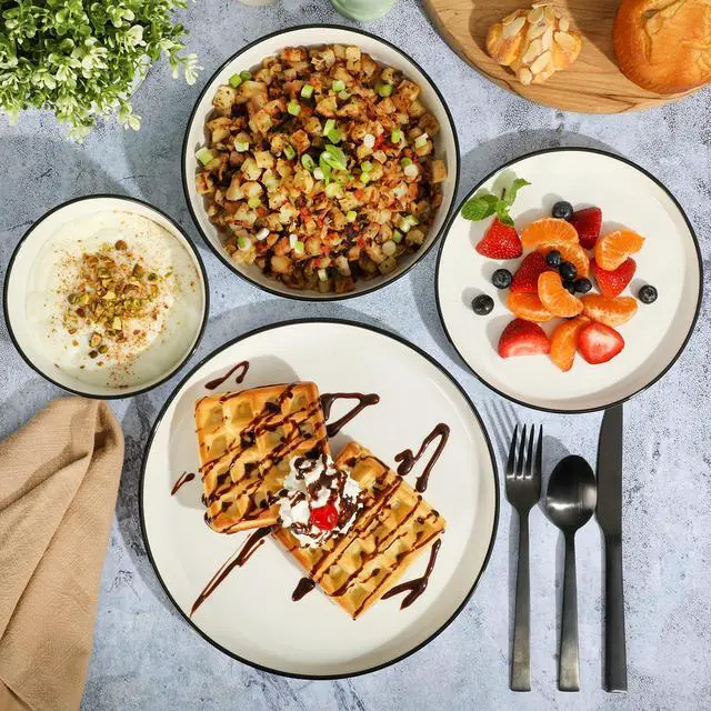 Alt view image 4 of 7 - Oslo 16-Piece Porcelain Dinnerware Set, Service for 4 White Plates with Black Rim, Microwave & Dishwasher Safe