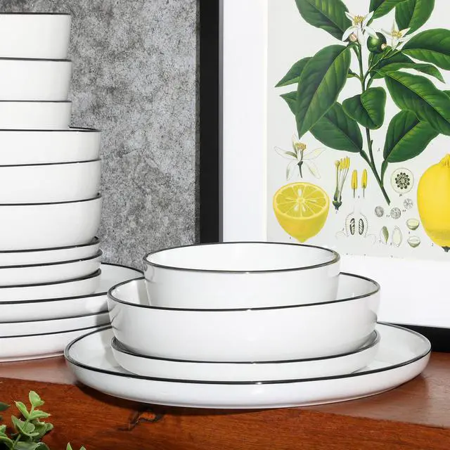 Alt view image 5 of 7 - Oslo 16-Piece Porcelain Dinnerware Set, Service for 4 White Plates with Black Rim, Microwave & Dishwasher Safe
