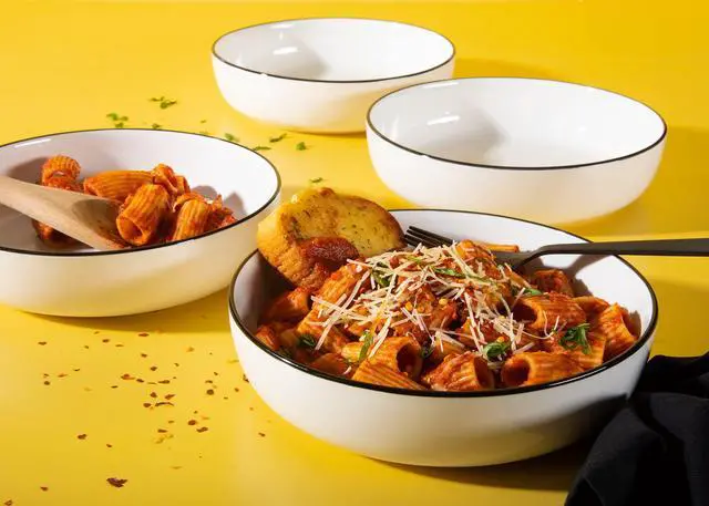 Alt view image 6 of 7 - Oslo 16-Piece Porcelain Dinnerware Set, Service for 4 White Plates with Black Rim, Microwave & Dishwasher Safe