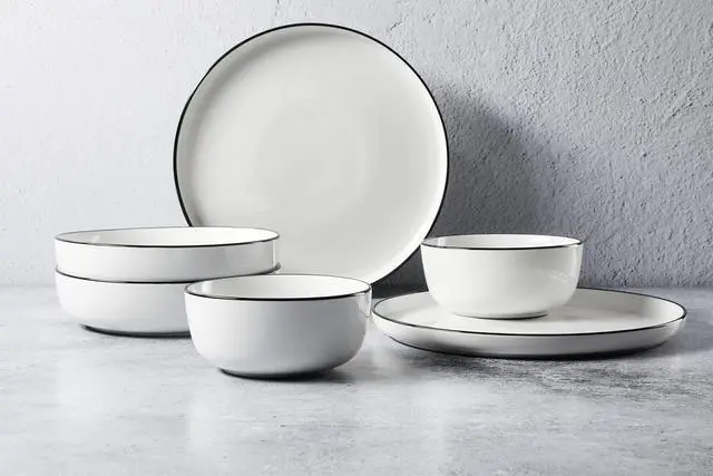 Alt view image 7 of 7 - Oslo 16-Piece Porcelain Dinnerware Set, Service for 4 White Plates with Black Rim, Microwave & Dishwasher Safe