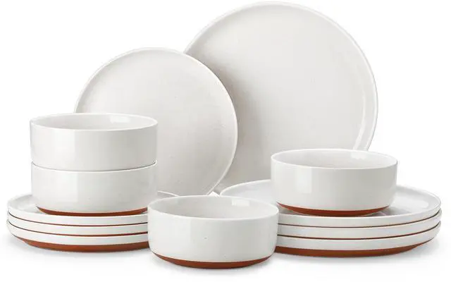 Main image of Plates and Bowls Sets, 12 Pieces Modern Stoneware Dinnerware Set for 4 Kitchen Dinner Set Ceramic Dishware Dishes Set Microwave and Dishwasher Safe, White, Series TARA