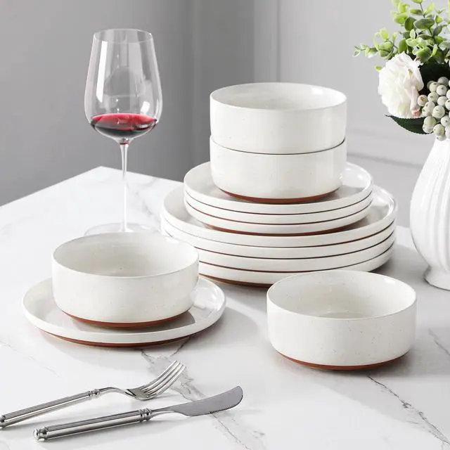 Alt view image 5 of 7 - Plates and Bowls Sets, 12 Pieces Modern Stoneware Dinnerware Set for 4 Kitchen Dinner Set Ceramic Dishware Dishes Set Microwave and Dishwasher Safe, White, Series TARA