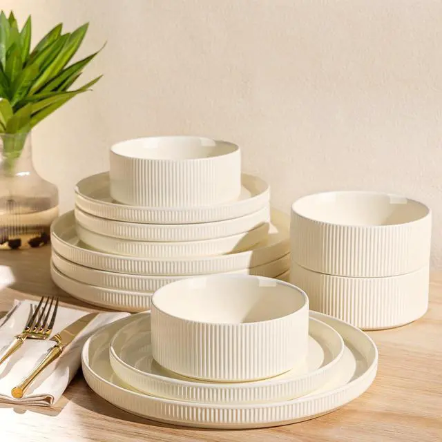 Main image of Ceramic Dinnerware Sets for 4, 12 Pieces Porcelain Lightweight Plates and Bowls Sets, Scratch Resistant Dish Set, Oven & Microwave & Dishwasher Safe, Beige