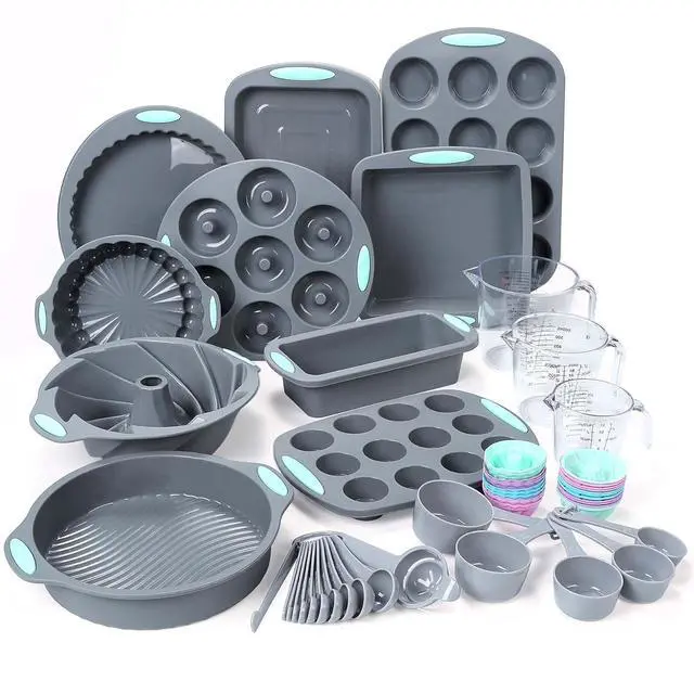 Main image of 54 Pieces Silicone Baking Pans Set, 10 Silicone Cake Molds, Loaf Pan and Muffin Pans, Non-Stick Baking Cup, with Measuring Cups and Spoons Set, Grey