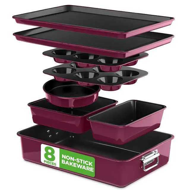 Main image of 8-Piece Nonstick Stackable Bakeware Set - PFOA, PFOS, PTFE Free Baking Pan Set w/Non-Stick Coating, 450°F Oven Safe, Round Cake, Loaf, Muffin, Wide/Square Pans, Cookie Sheet (Plum)
