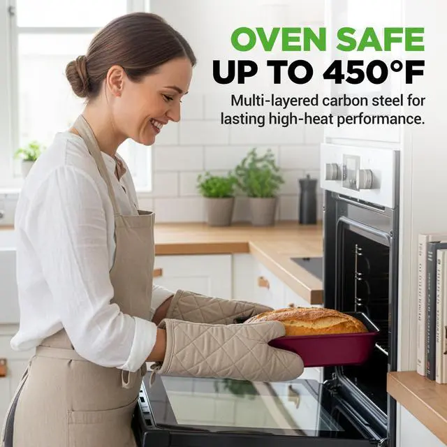 Alt view image 3 of 7 - 8-Piece Nonstick Stackable Bakeware Set - PFOA, PFOS, PTFE Free Baking Pan Set w/Non-Stick Coating, 450°F Oven Safe, Round Cake, Loaf, Muffin, Wide/Square Pans, Cookie Sheet (Plum)