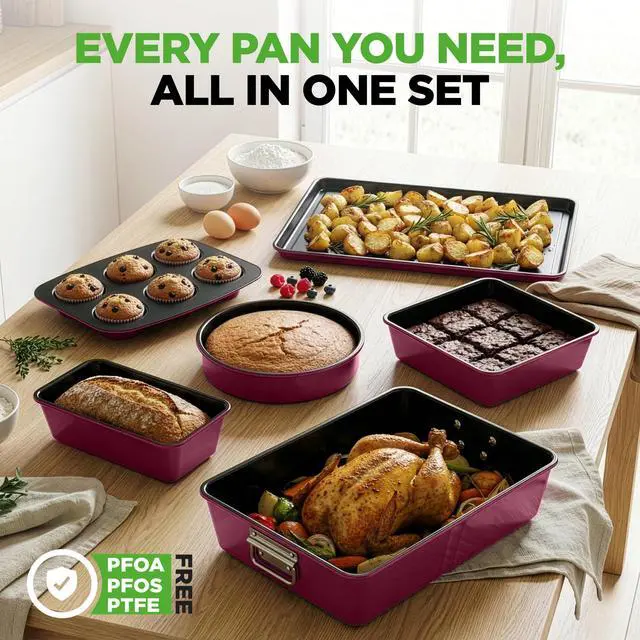Alt view image 6 of 7 - 8-Piece Nonstick Stackable Bakeware Set - PFOA, PFOS, PTFE Free Baking Pan Set w/Non-Stick Coating, 450°F Oven Safe, Round Cake, Loaf, Muffin, Wide/Square Pans, Cookie Sheet (Plum)