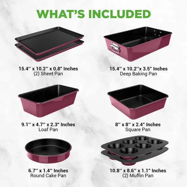 Alt view image 7 of 7 - 8-Piece Nonstick Stackable Bakeware Set - PFOA, PFOS, PTFE Free Baking Pan Set w/Non-Stick Coating, 450°F Oven Safe, Round Cake, Loaf, Muffin, Wide/Square Pans, Cookie Sheet (Plum)