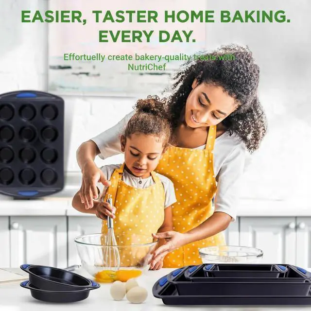 Alt view image 3 of 6 - 10-Piece Nonstick Bakeware Set - Heavy Duty Carbon Steel Baking Trays w/Silicone Handles - Includes Cookie Sheets, 12-Cup Muffin Pan, Pizza & Loaf Pan, Round & Square Pans - Easy to Clean