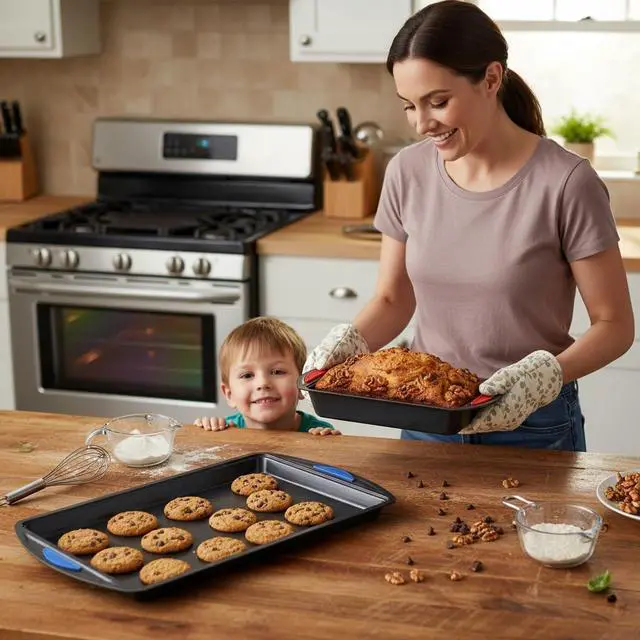 Alt view image 5 of 6 - 10-Piece Nonstick Bakeware Set - Heavy Duty Carbon Steel Baking Trays w/Silicone Handles - Includes Cookie Sheets, 12-Cup Muffin Pan, Pizza & Loaf Pan, Round & Square Pans - Easy to Clean