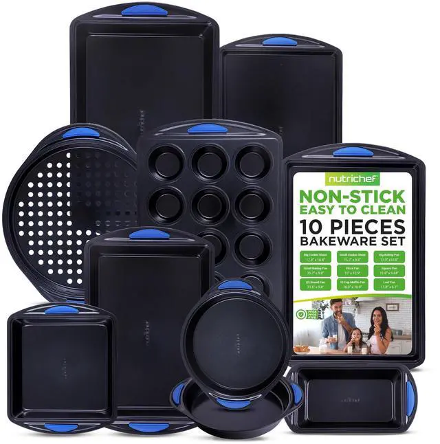 Main image of 10-Piece Nonstick Bakeware Set - Heavy Duty Carbon Steel Baking Trays w/Silicone Handles - Includes Cookie Sheets, 12-Cup Muffin Pan, Pizza & Loaf Pan, Round & Square Pans - Easy to Clean