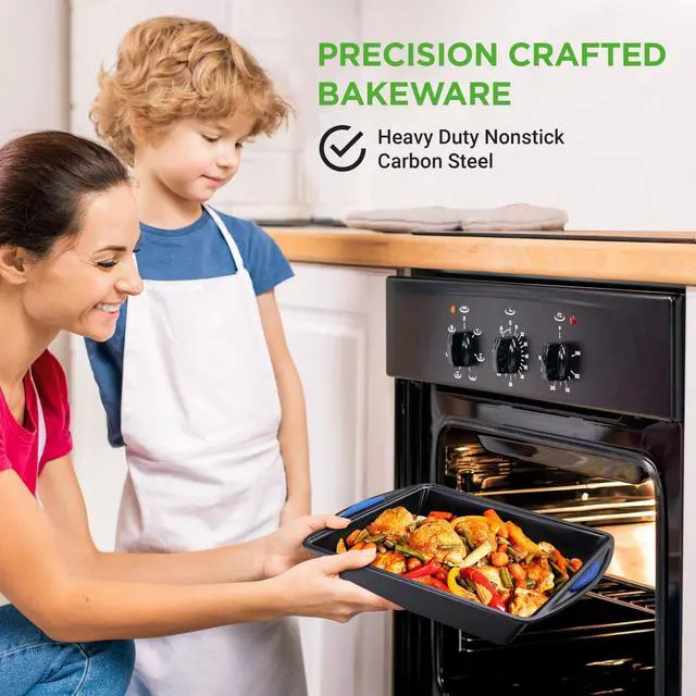 Alt view image 2 of 6 - 10-Piece Nonstick Bakeware Set - Heavy Duty Carbon Steel Baking Trays w/Silicone Handles - Includes Cookie Sheets, 12-Cup Muffin Pan, Pizza & Loaf Pan, Round & Square Pans - Easy to Clean