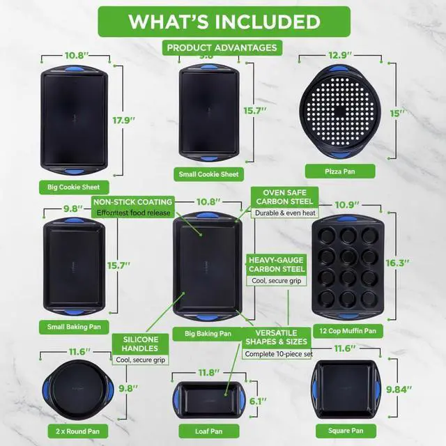 Alt view image 4 of 6 - 10-Piece Nonstick Bakeware Set - Heavy Duty Carbon Steel Baking Trays w/Silicone Handles - Includes Cookie Sheets, 12-Cup Muffin Pan, Pizza & Loaf Pan, Round & Square Pans - Easy to Clean