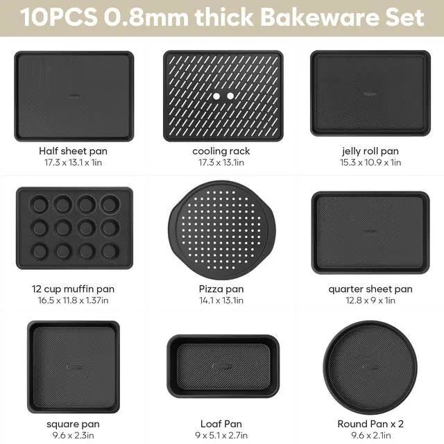 Alt view image 2 of 7 - 10-Piece Nonstick Baking Pan Set, 0.8MM Thick Stackable Bakeware Sets Including Cookie Sheets for Baking, Cooling Rack, Muffin Pan, Cake Pan, Pizza Pan, Loaf Pan