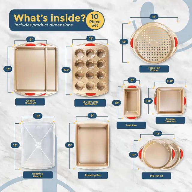 Alt view image 2 of 6 - 10 Piece Baking Set - Nonstick Gold Steel Oven Bakeware With Silicone Handles, Cookie Sheets, Round Cake Pans, 9x13 Pan With Lid, Loaf Pan, Deep Pan, Pizza Crisper, Muffin Pan