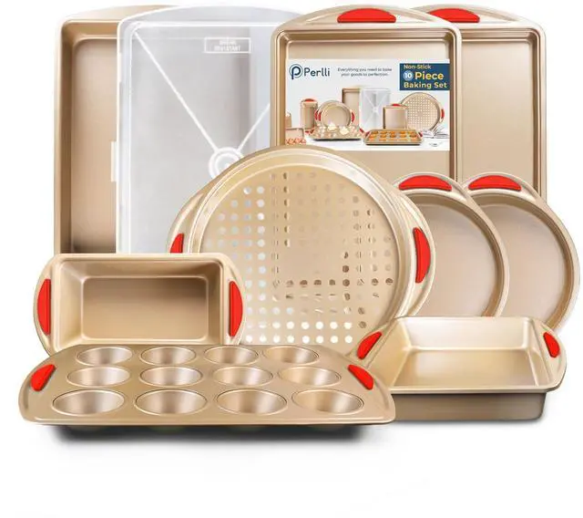 Main image of 10 Piece Baking Set - Nonstick Gold Steel Oven Bakeware With Silicone Handles, Cookie Sheets, Round Cake Pans, 9x13 Pan With Lid, Loaf Pan, Deep Pan, Pizza Crisper, Muffin Pan