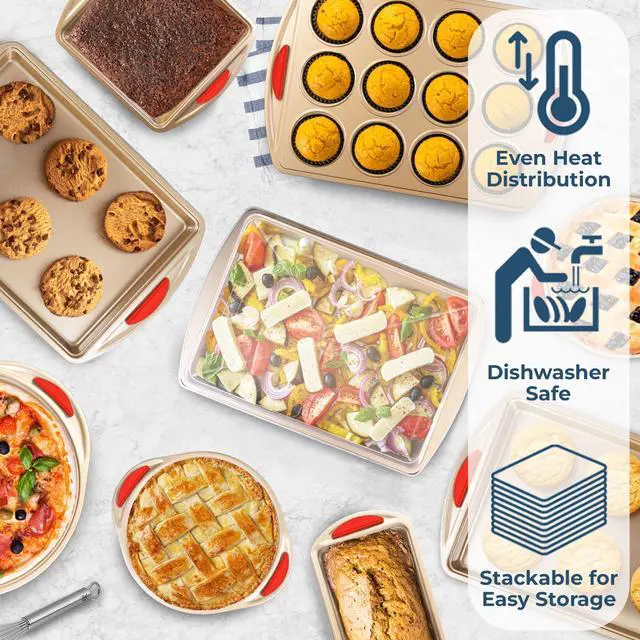 Alt view image 3 of 6 - 10 Piece Baking Set - Nonstick Gold Steel Oven Bakeware With Silicone Handles, Cookie Sheets, Round Cake Pans, 9x13 Pan With Lid, Loaf Pan, Deep Pan, Pizza Crisper, Muffin Pan