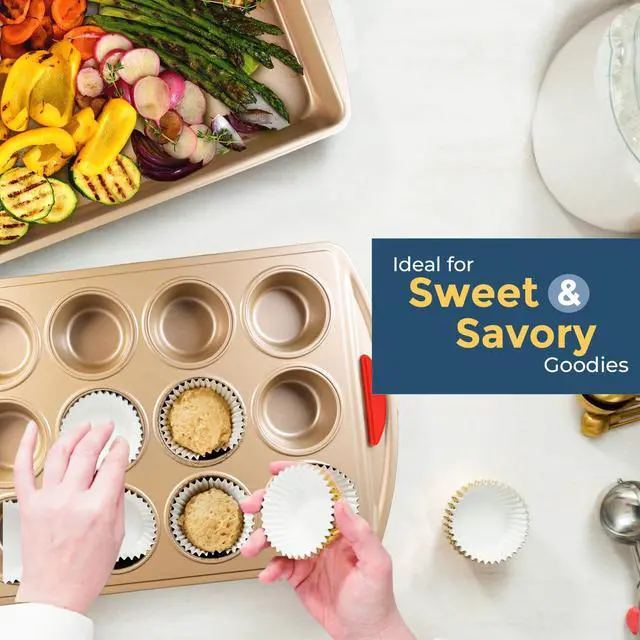 Alt view image 5 of 6 - 10 Piece Baking Set - Nonstick Gold Steel Oven Bakeware With Silicone Handles, Cookie Sheets, Round Cake Pans, 9x13 Pan With Lid, Loaf Pan, Deep Pan, Pizza Crisper, Muffin Pan