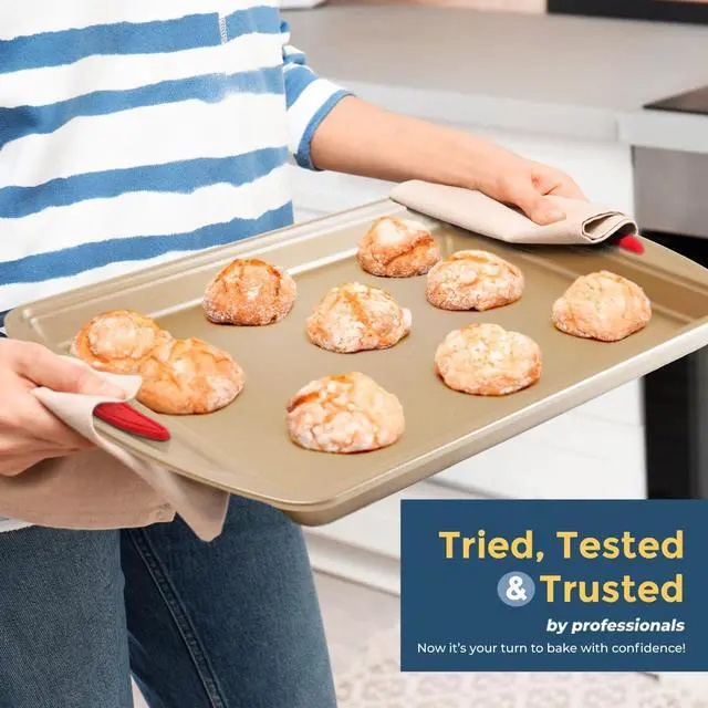 Alt view image 6 of 6 - 10 Piece Baking Set - Nonstick Gold Steel Oven Bakeware With Silicone Handles, Cookie Sheets, Round Cake Pans, 9x13 Pan With Lid, Loaf Pan, Deep Pan, Pizza Crisper, Muffin Pan