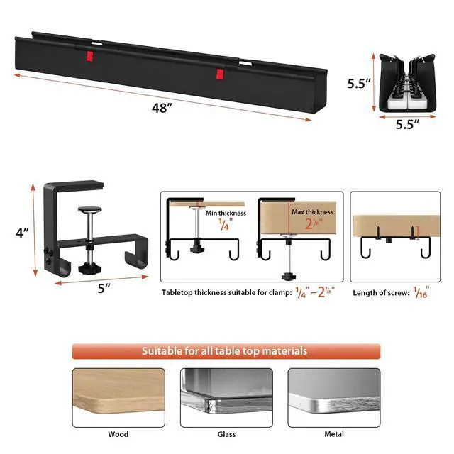 Alt view image 4 of 7 - No Drill Under Desk Cable Management Tray, 48" Cord Organizer for Table, Clamp/Screw Mount Desk Cable Management, Premium Fabric Cable Management Tray for Office, Home (Extra Large)