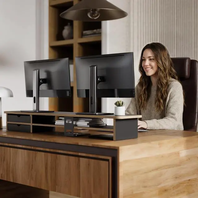 Alt view image 2 of 7 - Monitor Stand, Dual Monitor Riser, 42.5inch Large Desk Computer Monitor Stand Riser with Drawer, 2 Tier Wood & Acrylic Desktop Organizer with Cable Management