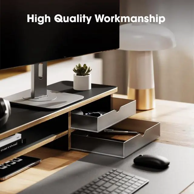 Alt view image 3 of 7 - Monitor Stand, Dual Monitor Riser, 42.5inch Large Desk Computer Monitor Stand Riser with Drawer, 2 Tier Wood & Acrylic Desktop Organizer with Cable Management