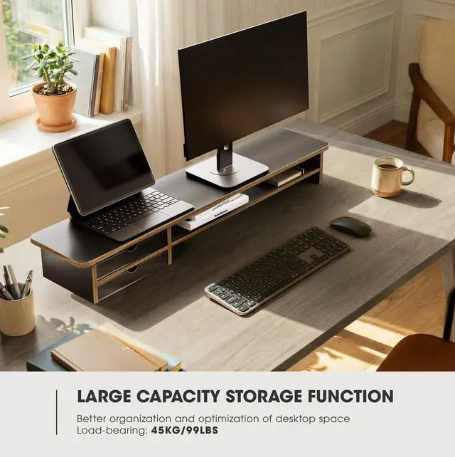 Alt view image 4 of 7 - Monitor Stand, Dual Monitor Riser, 42.5inch Large Desk Computer Monitor Stand Riser with Drawer, 2 Tier Wood & Acrylic Desktop Organizer with Cable Management