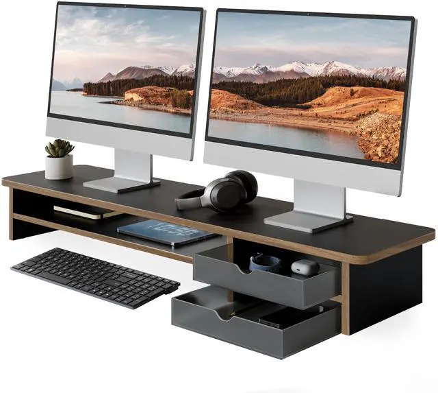 Main image of Monitor Stand, Dual Monitor Riser, 42.5inch Large Desk Computer Monitor Stand Riser with Drawer, 2 Tier Wood & Acrylic Desktop Organizer with Cable Management
