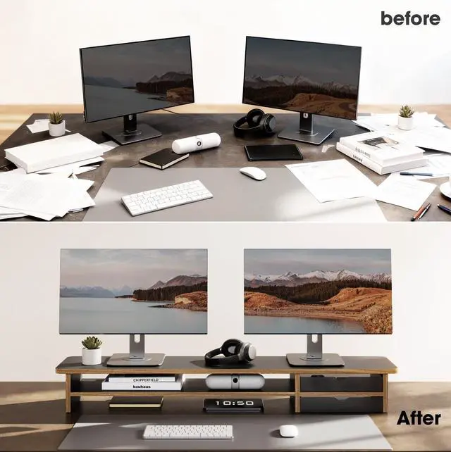 Alt view image 6 of 7 - Monitor Stand, Dual Monitor Riser, 42.5inch Large Desk Computer Monitor Stand Riser with Drawer, 2 Tier Wood & Acrylic Desktop Organizer with Cable Management