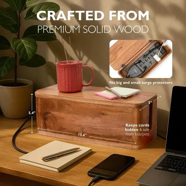 Alt view image 2 of 7 - Large Cable Management Box - Acacia Wood - Cable Organizer Box and Power Strip Box for Electrical Cord Management - Hide Desk Cord and Floor Cables - Wire Storage and Organization for Cords