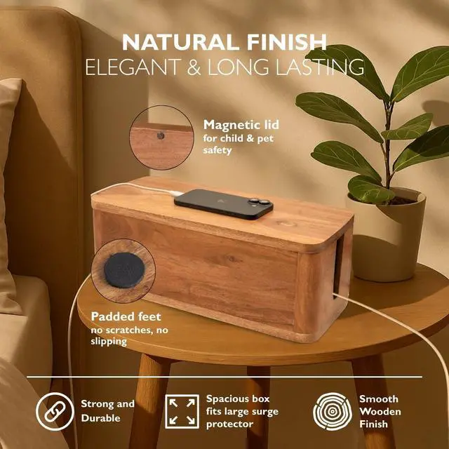 Alt view image 3 of 7 - Large Cable Management Box - Acacia Wood - Cable Organizer Box and Power Strip Box for Electrical Cord Management - Hide Desk Cord and Floor Cables - Wire Storage and Organization for Cords