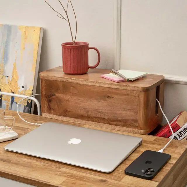 Alt view image 4 of 7 - Large Cable Management Box - Acacia Wood - Cable Organizer Box and Power Strip Box for Electrical Cord Management - Hide Desk Cord and Floor Cables - Wire Storage and Organization for Cords
