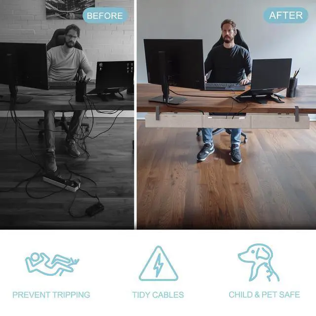 Alt view image 5 of 6 - Under Desk Cable Management Tray,No-Drill Upgraded Thickened Felt Cord Organizer with Clamp or Screw Mount,Cable Holder for Standing Desk,Home Or Office(Beige, 47.2")