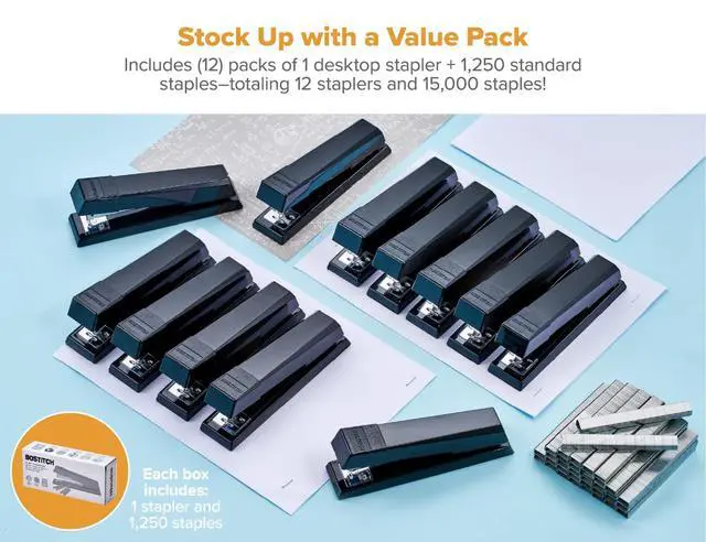 Alt view image 2 of 7 - Office Stapler, No-Jam Premium for Desktop, Includes 15,000 Staples, Full-Strip, 25 Sheet Capacity, Black, Pack of 12