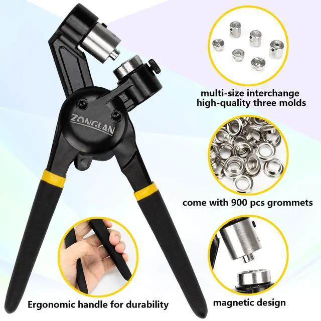 Alt view image 2 of 6 - Heavy Duty Grommet Tool Kit of 1/2" 5/16" and 3/8",Multi Size Handheld Eyelet Tool Plier Rivet Press with 900 pcs Silver Grommets for Tarp Leather Fabric