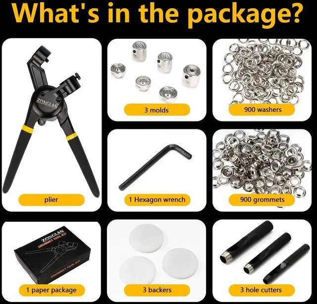 Alt view image 3 of 6 - Heavy Duty Grommet Tool Kit of 1/2" 5/16" and 3/8",Multi Size Handheld Eyelet Tool Plier Rivet Press with 900 pcs Silver Grommets for Tarp Leather Fabric