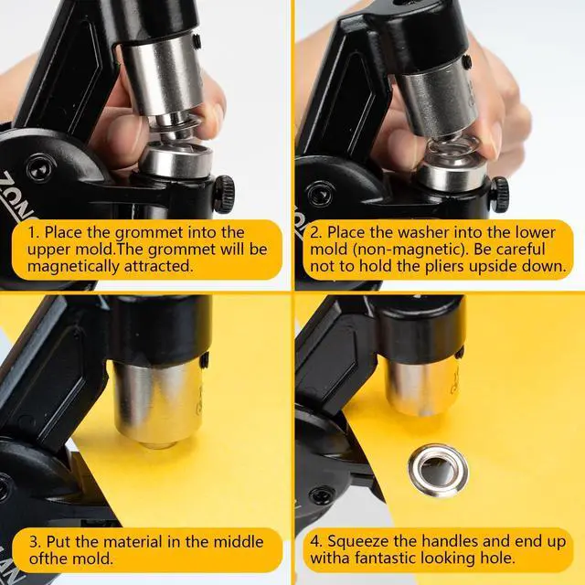 Alt view image 4 of 6 - Heavy Duty Grommet Tool Kit of 1/2" 5/16" and 3/8",Multi Size Handheld Eyelet Tool Plier Rivet Press with 900 pcs Silver Grommets for Tarp Leather Fabric