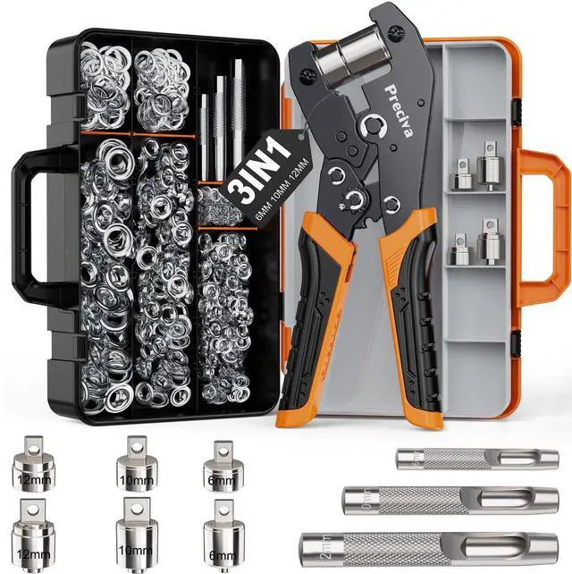 Main image of 3-Size Grommet Tool Kit - 1/2" 1/4" 3/8" Hole Punch & Eyelet Setting Tool with 300Pcs Grommets | Handheld Eyelet Plier for Tarps, Tents, Canvas, Vinyl & Leather Crafting