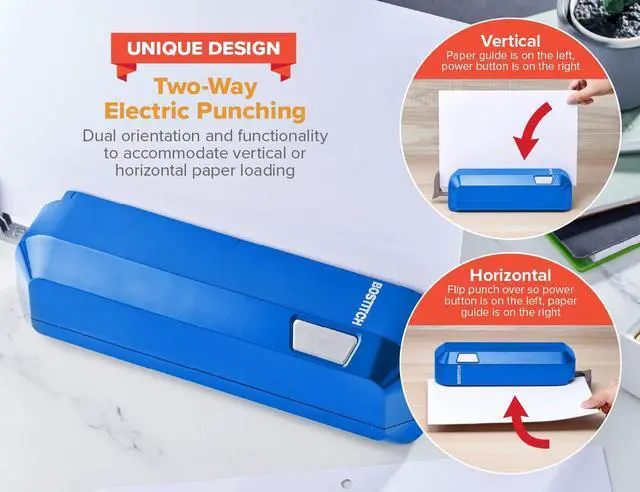 Alt view image 2 of 7 - Office Electric 3-Hole Punch, Dual Paper Loading, Heavy Duty, Jam-Free 20 Sheet Capacity, AC Adapter or Battery Powered, Space Saving, Blue, (EHP20-BLUE)