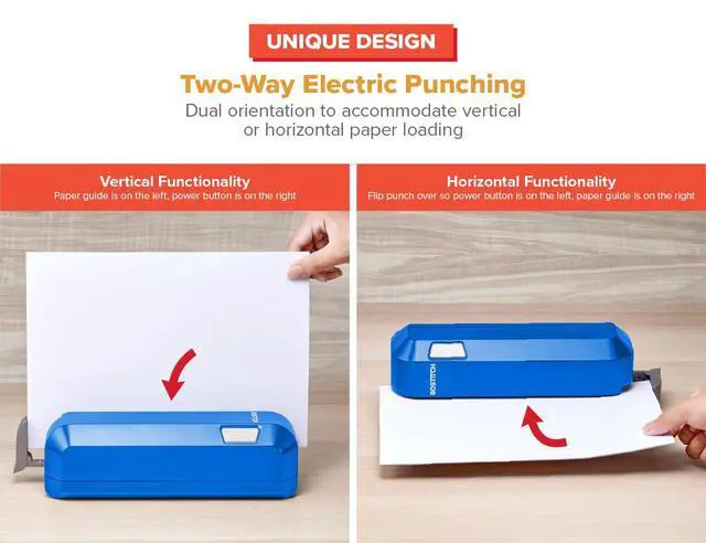 Alt view image 3 of 7 - Office Electric 3-Hole Punch, Dual Paper Loading, Heavy Duty, Jam-Free 20 Sheet Capacity, AC Adapter or Battery Powered, Space Saving, Blue, (EHP20-BLUE)