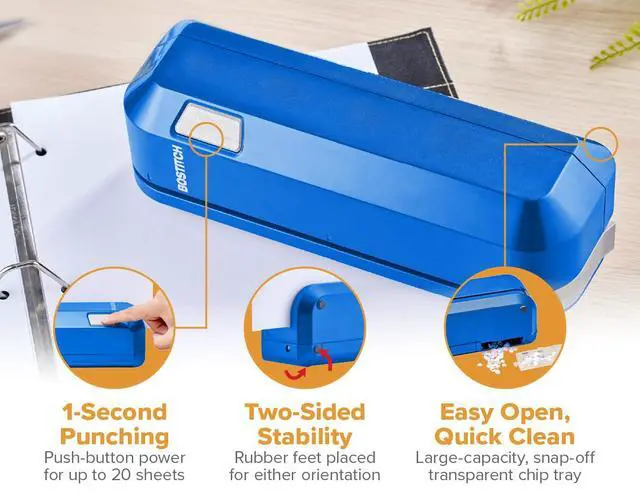 Alt view image 6 of 7 - Office Electric 3-Hole Punch, Dual Paper Loading, Heavy Duty, Jam-Free 20 Sheet Capacity, AC Adapter or Battery Powered, Space Saving, Blue, (EHP20-BLUE)