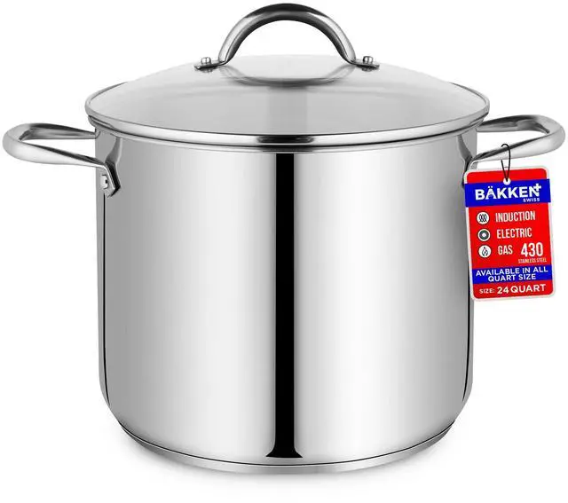 Main image of Stainless Steel Stockpot with Tempered Glass Lid 24 Quart, Durable 18/0 Stainless Steel, Impact-Bonded Base for Even Heating, Riveted Handles, Oven & All Stove Compatible, Safe Up To 500°F (260°C)