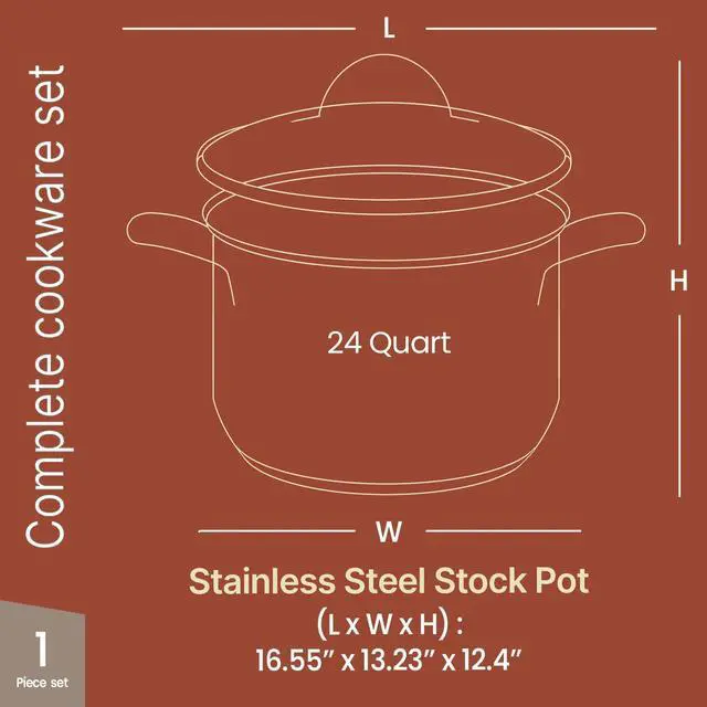 Alt view image 2 of 7 - Stainless Steel Stockpot with Tempered Glass Lid 24 Quart, Durable 18/0 Stainless Steel, Impact-Bonded Base for Even Heating, Riveted Handles, Oven & All Stove Compatible, Safe Up To 500°F (260°C)