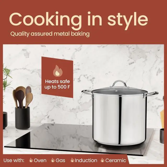 Alt view image 3 of 7 - Stainless Steel Stockpot with Tempered Glass Lid 24 Quart, Durable 18/0 Stainless Steel, Impact-Bonded Base for Even Heating, Riveted Handles, Oven & All Stove Compatible, Safe Up To 500°F (260°C)