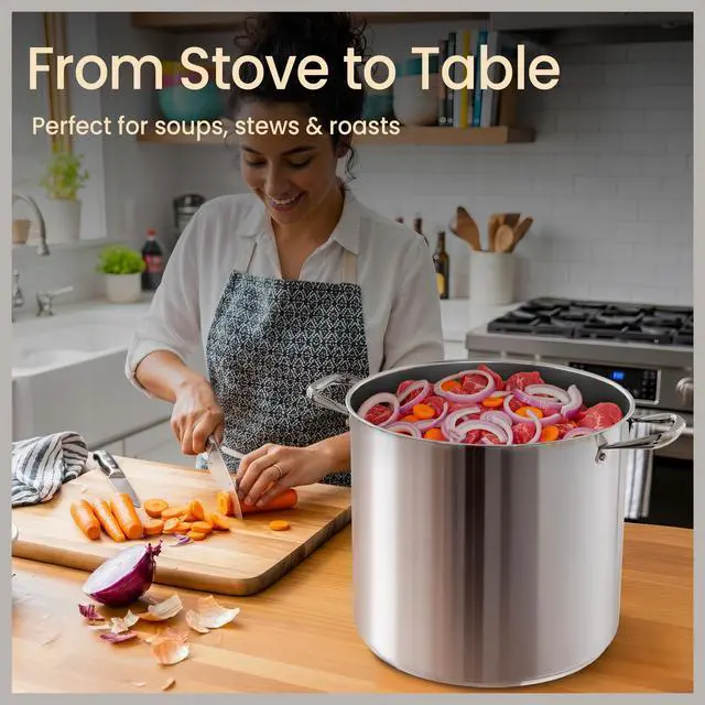 Alt view image 5 of 7 - Stainless Steel Stockpot with Tempered Glass Lid 24 Quart, Durable 18/0 Stainless Steel, Impact-Bonded Base for Even Heating, Riveted Handles, Oven & All Stove Compatible, Safe Up To 500°F (260°C)