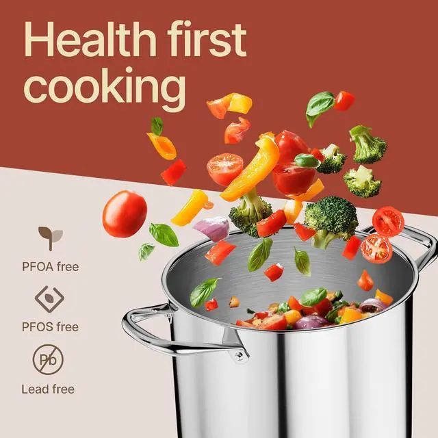 Alt view image 6 of 7 - Stainless Steel Stockpot with Tempered Glass Lid 24 Quart, Durable 18/0 Stainless Steel, Impact-Bonded Base for Even Heating, Riveted Handles, Oven & All Stove Compatible, Safe Up To 500°F (260°C)